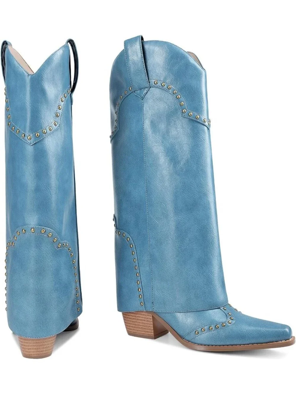 Women's Blue Chunky Heel Snip Toe Fold Over Cowgirl Knee High Shark Boots